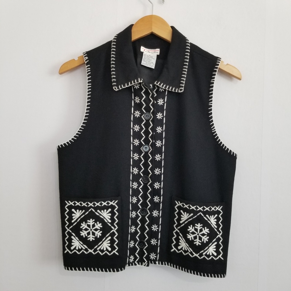 Vintage Talbots Black Wool Embroidered Vest Jacket Size Small